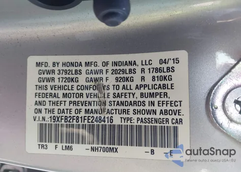 2015 Honda Civic Ex from USA, damaged, VIN 19XFB2F81FE248416